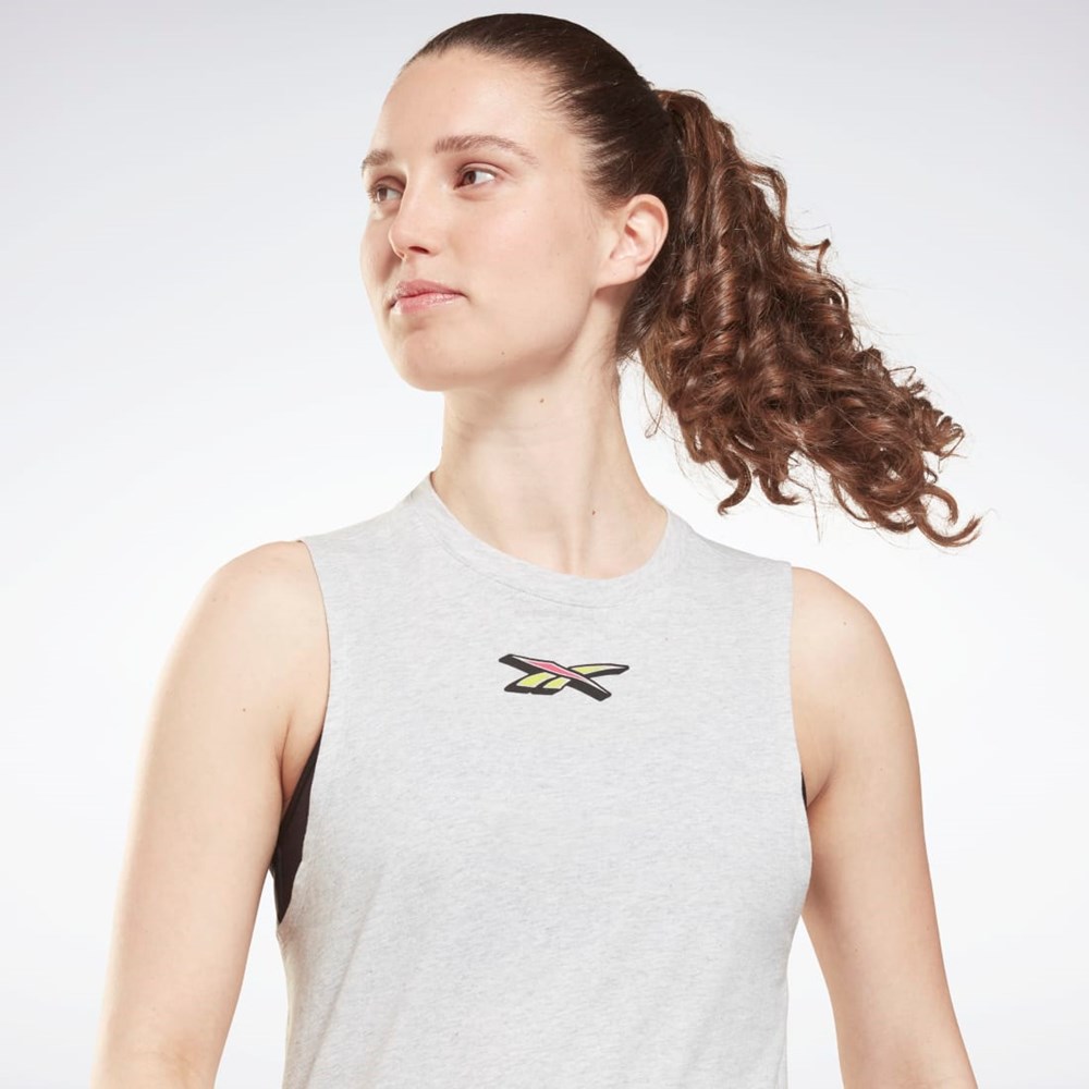 Light Grey Heather Reebok Training Essentials Muscle Graphic Tank Top | GU8353