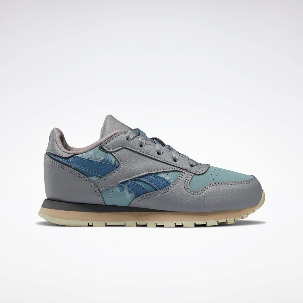 Pure Grey 5 / Teal Fog / Brave Blue Reebok Jurassic World Classic Leather Shoes - Preschool | HQ6268